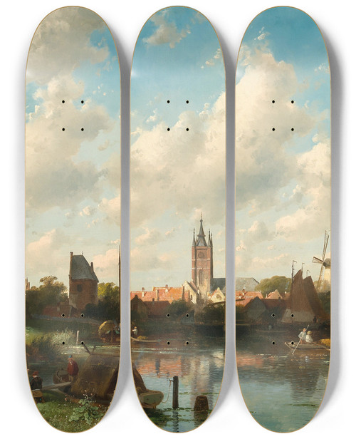 Triptych art skateboard deck of Charles Leickert A View Of Delft by Charles Leickert (1816-1907)