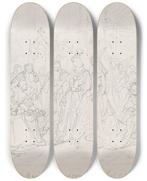 Triptych art skateboard deck of Nicaise De Keyser Maximilian I Holy Roman Emperor And Mary Of Burgundy Visiting The Painter Hans Memling At The Hostpital In Bruges_3 by Nicaise De Keyser (1813-1887)