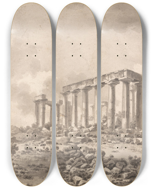 Triptych art skateboard deck of William Pars Temple Of Jupiter Panhellenios At Aegina by William Pars (1742-1782)