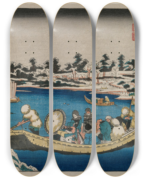 Triptych art skateboard deck of Keisai Eisen A Distant View Of Snow On The Sumida River In Edo by Keisai Eisen (1790-1848)