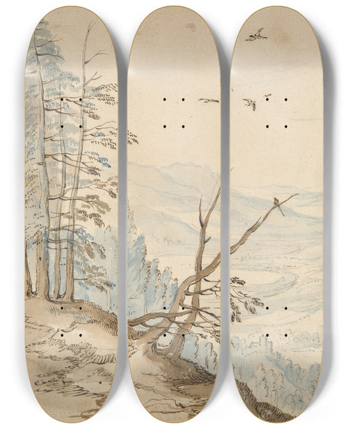 Triptych art skateboard deck of Jan Brueghel The Elder View In A Valley From The Edge Of A Mountainroad by Jan Brueghel The Elder (1568-1625)