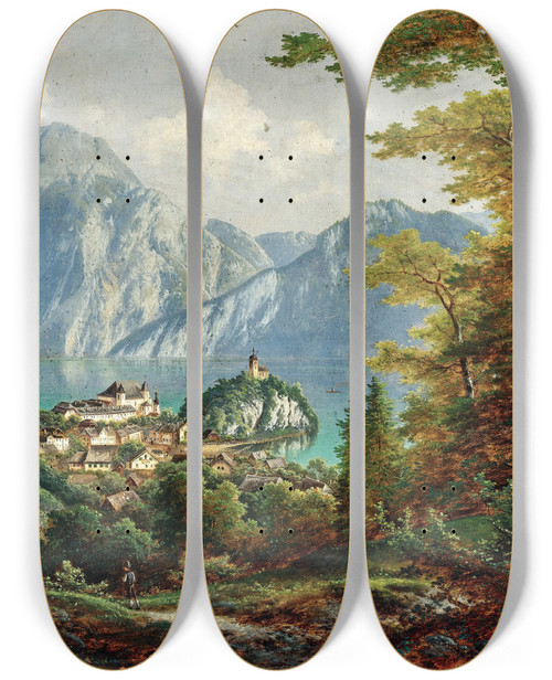 Triptych art skateboard deck of Ferdinand Lepie A View Of Traunstein And Traunkirchen by Ferdinand Lepie (1824-1883)