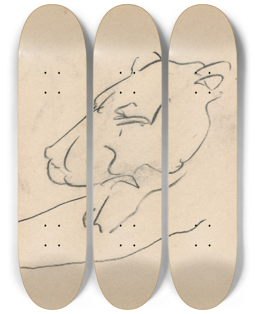 Triptych art skateboard deck of Henri Gaudierbrzeska Reclining Lioness by Henri Gaudier-Brzeska (1891-1915)