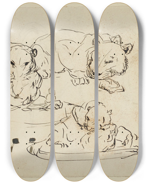 Triptych art skateboard deck of Franz Barwig The Elder Raufende Sundapanther_1 by Franz Barwig The Elder (1868-1931)