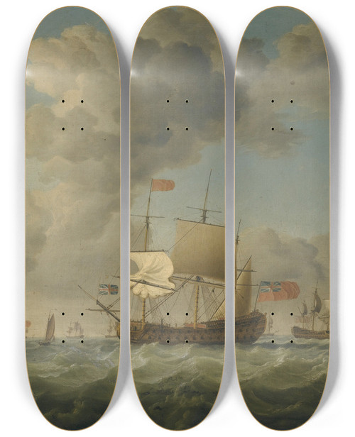 Triptych art skateboard deck of Francis Swaine British Menofwar Of The Red Squadron In A Stiff Breeze by Francis Swaine (1725-1782)