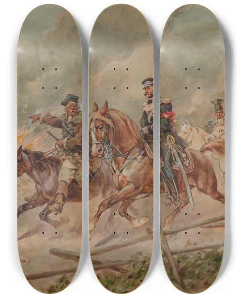 Triptych art skateboard deck of Juliusz Kossak Lancers From The 2Nd Regiment In 1831 During Scouting With A Guide by Juliusz Kossak (1824-1899)