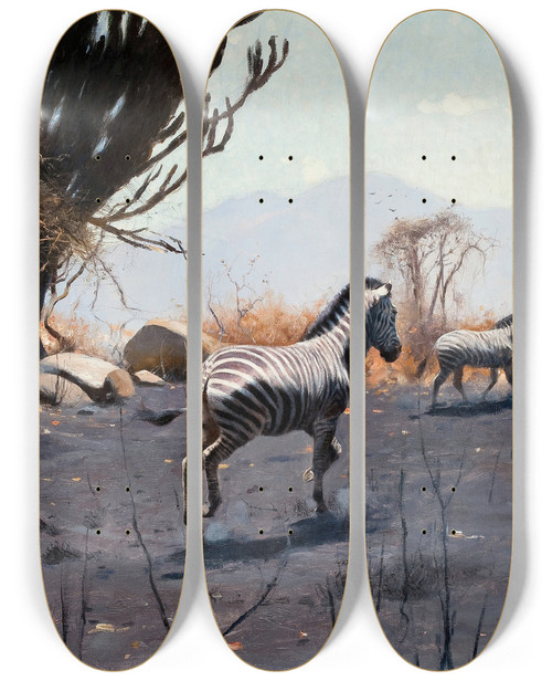 Triptych art skateboard deck of Wilhelm Kuhnert Zebras by Wilhelm Kuhnert (1865-1926)
