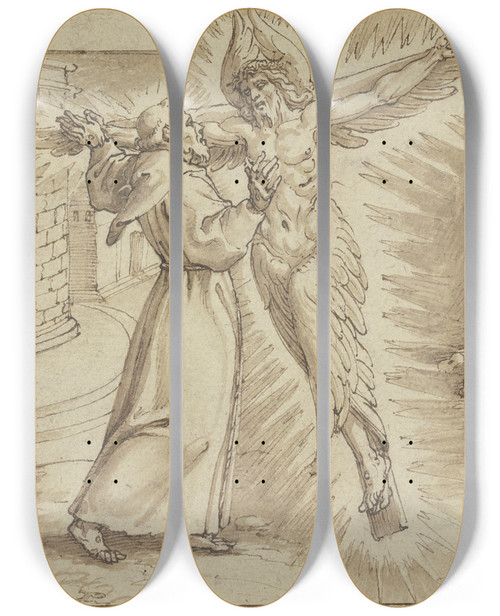 Triptych art skateboard deck of Pieter De Jode I Der Heilige Franziskus Erhlt Die Wundmale by Pieter de Jode I (1570-1634)