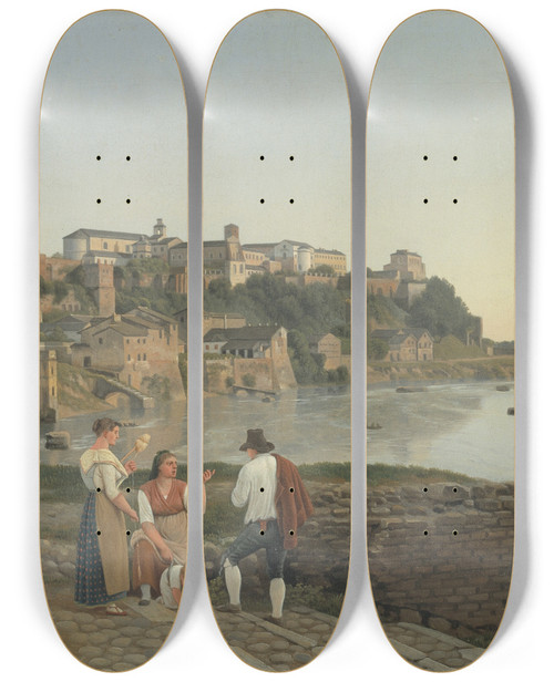 Triptych art skateboard deck of Christoffer Wilhelm Eckersberg View Of The Tiber Towards The Aventin Hill In Rome by Christoffer Wilhelm Eckersberg (1783-1853)