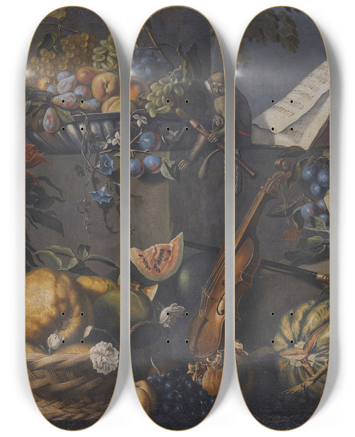 Triptych art skateboard deck of French School A Still Life With Various Fruits In A Basket And On A Ledge Flowers In A Vase Musical Instruments And A Monkey With A Flute by French School (16-19-)