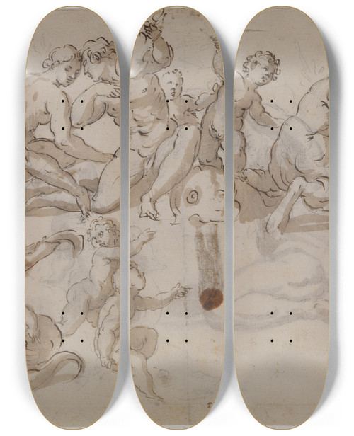 Triptych art skateboard deck of Giuseppe Alabardi Sheste Tritoner Og Putti Ridende P Delfiner by Giuseppe Alabardi
