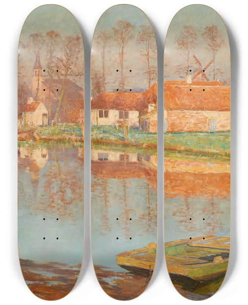 Triptych art skateboard deck of Emile Claus Village De Deurle by Emile Claus (1849-1924)