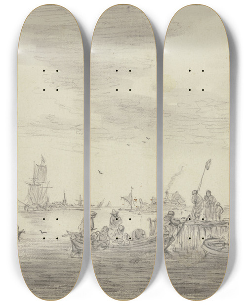 Triptych art skateboard deck of Jan Van Goyen Ein Hoher Signalmast Halbrechts Auf Einer Landungsstelle An Der Ruderboote Liegen by Jan Van Goyen (1596-1656)