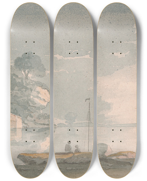 Triptych art skateboard deck of John Baverstock Knight Boat And Figures On Shore Of A Lake by John Baverstock Knight (1785-1859)