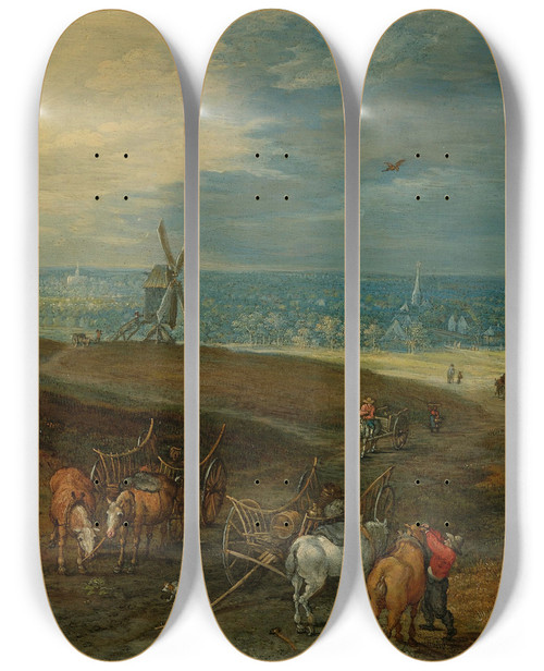 Triptych art skateboard deck of Jan Brueghel The Younger An Extensive Landscape With Travellers Before A Windmill by Jan Brueghel the Younger (1601-1678)