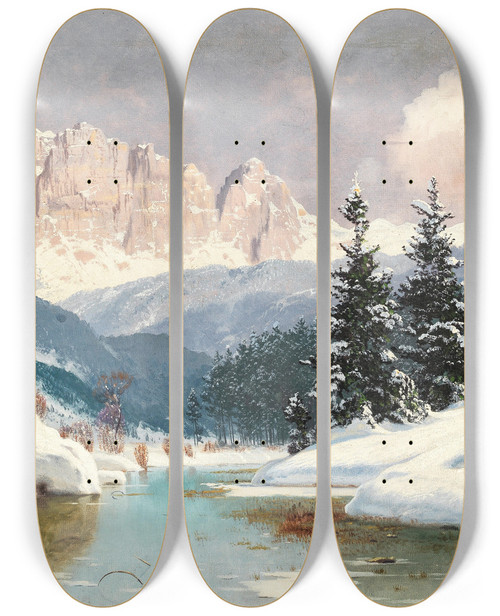 Triptych art skateboard deck of Toni Haller A Sunny Winter Day With A View Of The Dolomites by Toni Haller (1907-1944)
