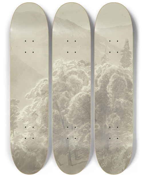 Triptych art skateboard deck of Fritz Bamberger Gebirgslandschaft Im Vordergrund Baumgruppe Aus Der Ein Kirchturm Hervorsieht by Fritz Bamberger (1814-1873)