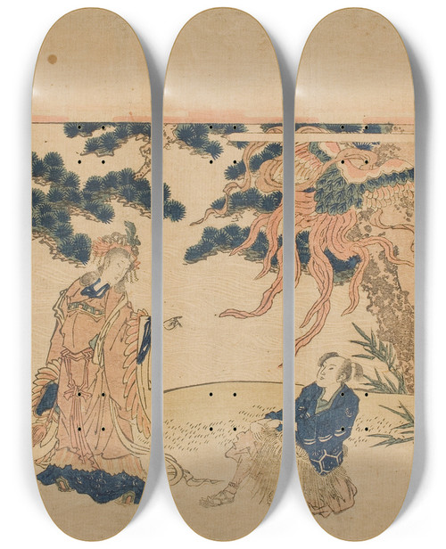 Triptych art skateboard deck of Katsukawa Shunsen The Feather Robe Hagoromo by Katsukawa Shunsen (1762-1830)