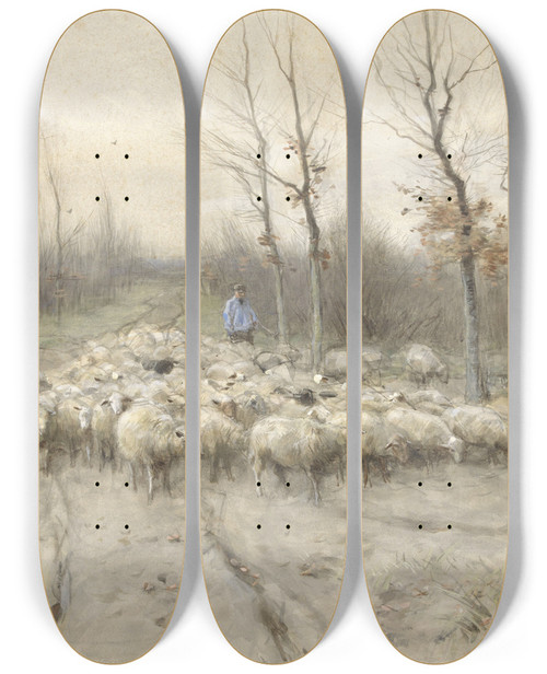 Triptych art skateboard deck of Anton Mauve Schapenkudde Op De Heide Bij Laren by Anton Mauve (1838-1888)