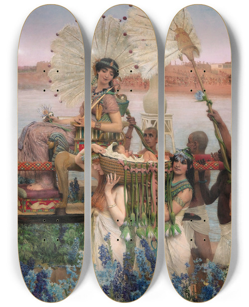 Triptych art skateboard deck of Lawrence Almatadema The Finding Of Moses by Lawrence Alma-Tadema (1836-1912)
