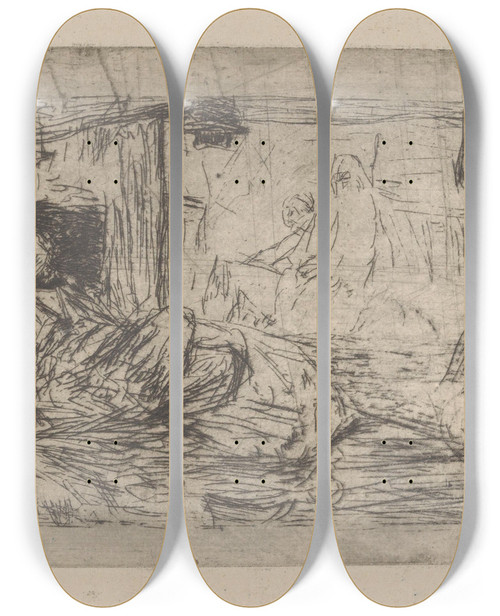 Triptych art skateboard deck of Marius Bauer Man Die Een Waterpijp Rookt by Marius Bauer (1867-1932)