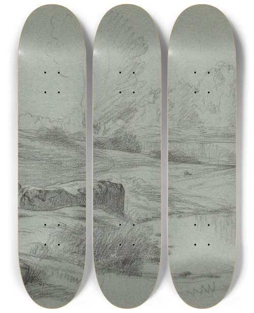 Triptych art skateboard deck of Jeanachille Benouville A Rocky Meadow By A River by Jean-Achille Benouville (1815-1891)