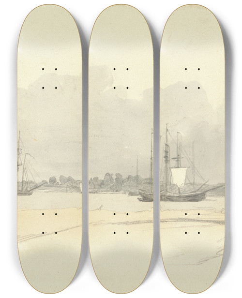 Triptych art skateboard deck of Robert Hills Looking Across The Maas From Rotterdam by Robert Hills (1769-1844)