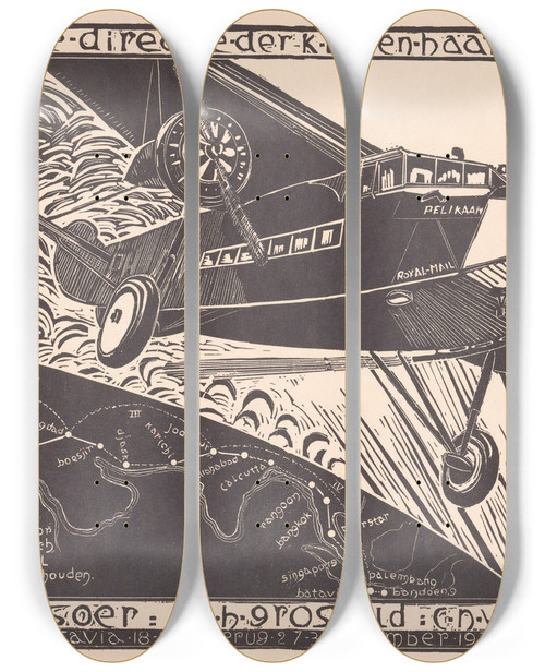 Triptych art skateboard deck of Jacob Pieter Van Den Bosch Vlucht Van De Pelikaan Van Amsterdam Naar Batavia In 1933 by Jacob Pieter van den Bosch (1868-1948)