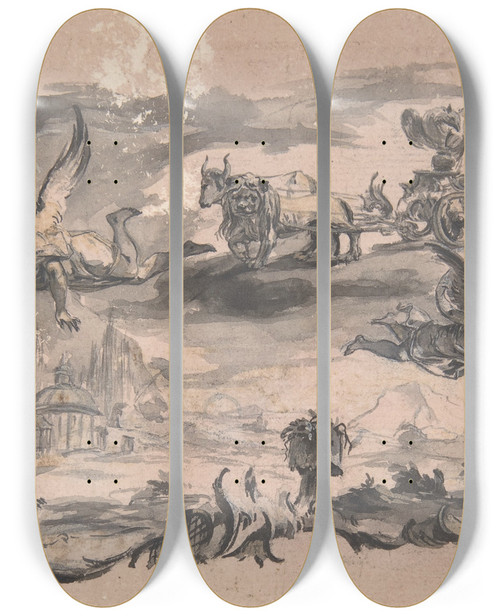 Triptych art skateboard deck of Franz Sigrist The Elder Design For Book Illustration_1 by Franz Sigrist the elder (1727-1803)