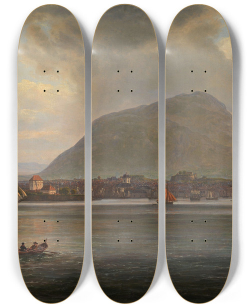 Triptych art skateboard deck of Johan Christian Dahl Bergen Seen From The Northern Inlet by Johan Christian Dahl (1788-1857)