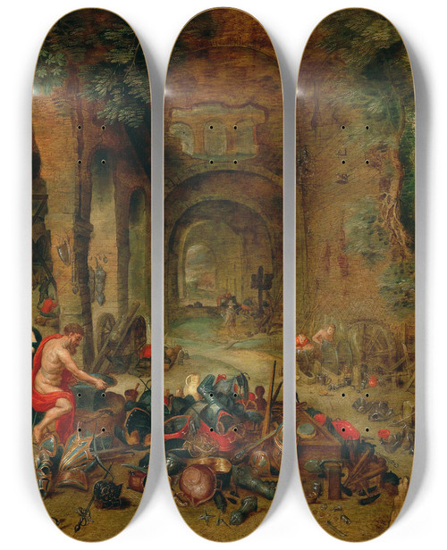 Triptych art skateboard deck of Workshop Of Jan Brueghel The Younger Venus In The Forge Of Vulcan by Workshop Of Jan Brueghel The Younger (1601-1678)