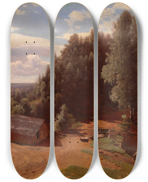 Triptych art skateboard deck of Volodymyr Orlovsky Mill In The Forest Clearing by Volodymyr Orlovsky (1842-1914)