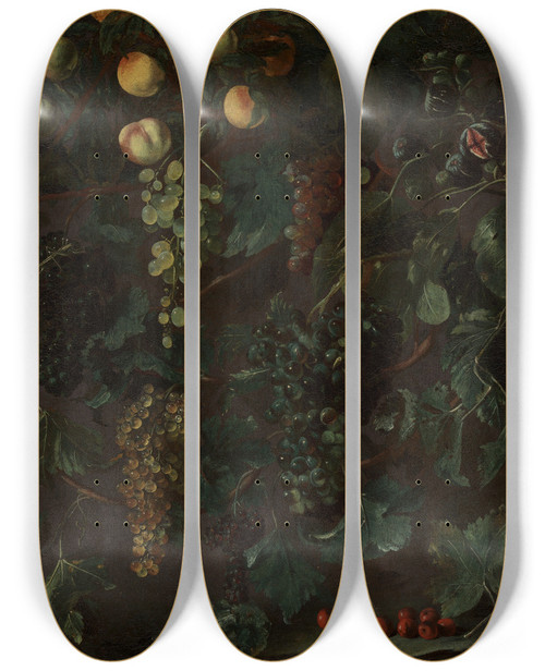 Triptych art skateboard deck of Bartolomeo Cavarozzi Grape Vines And Fruit With Three Wagtails by Bartolomeo Cavarozzi (1587-1625)