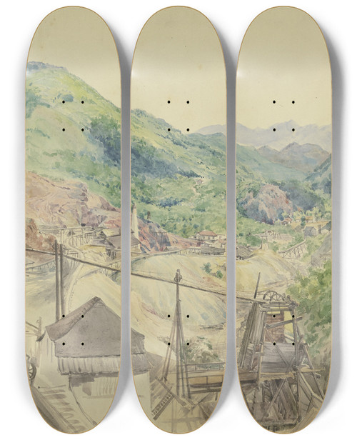 Triptych art skateboard deck of Adolf Hoeffler Copper Mining by Adolf Hoeffler (1825-1898)