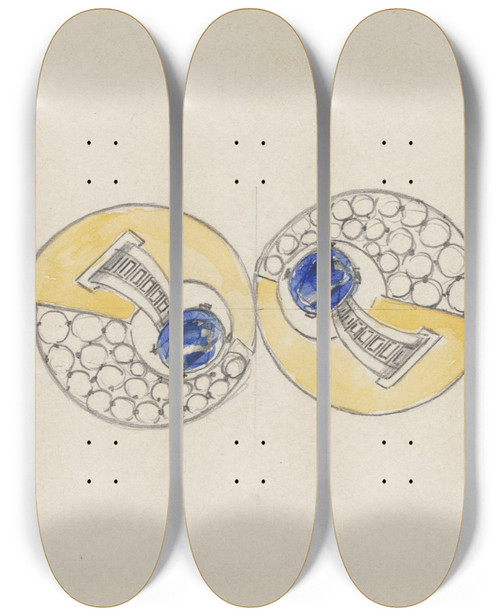 Triptych art skateboard deck of Jules Chadel Ontwerp Voor Juweel Opgebouwd Uit Twee Ronde Helften Met Goud Saffieren En Briljanten by Jules Chadel (1870-1941)