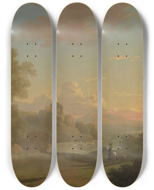Triptych art skateboard deck of Thomas Jones An Imaginary Landscape With A Traveller And Figures Overlooking The Bay Of Baiae by Thomas Jones (1742-1803)