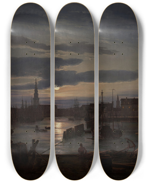 Triptych art skateboard deck of Johan Christian Dahl Copenhagen Harbor By Moonlight by Johan Christian Dahl (1788-1857)