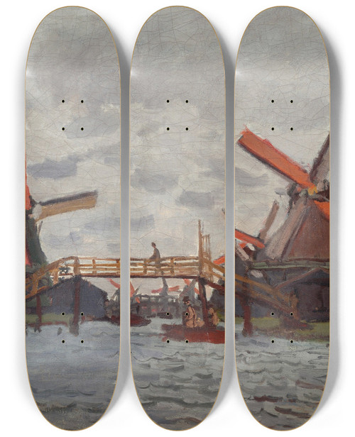 Triptych art skateboard deck of Claude Monet Mills At Westzijderveld Near Zaandam by Claude Monet (1840-1926)