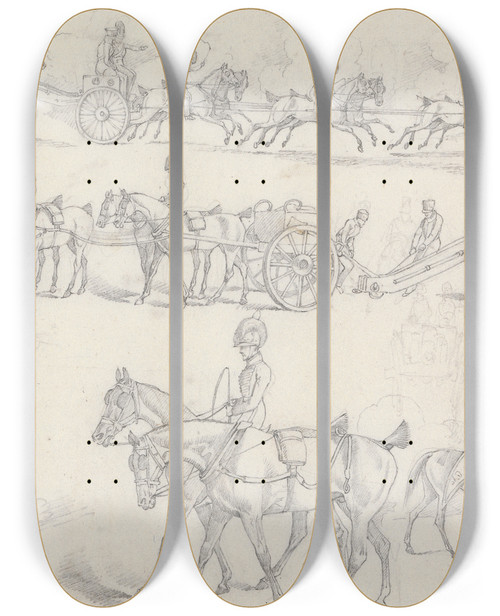 Triptych art skateboard deck of Henry Thomas Alken Landscape Scenery No 18 Scenes Of Horse Drawn Artillery Etc by Henry Thomas Alken (1785-1851)
