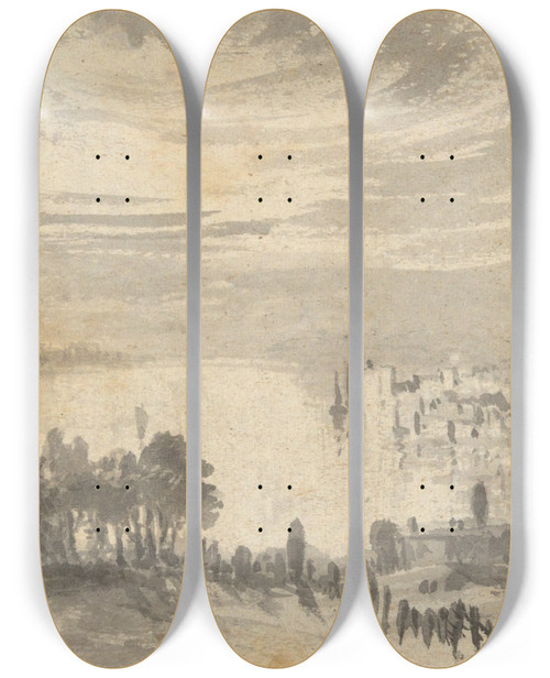 Triptych art skateboard deck of Robert Walter Weir Landscape Town On Abay by Robert Walter Weir (1803-1889)