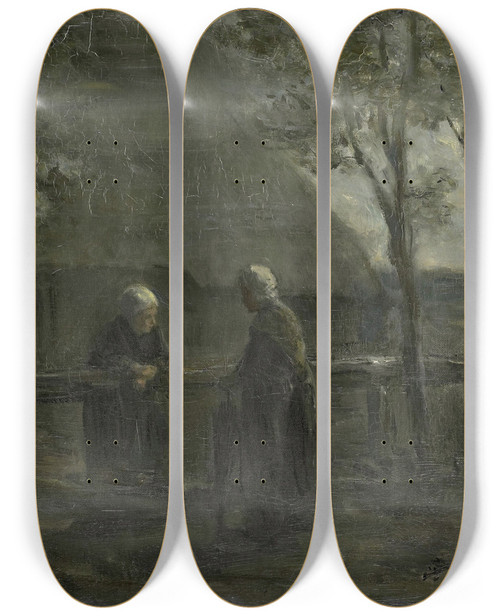 Triptych art skateboard deck of Jozef Israls Neighborly Gossip by Jozef Israels (1824-1911)