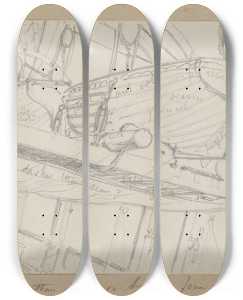 Triptych art skateboard deck of John Singer Sargent Lifeboats On Davits by John Singer Sargent (1856-1925)