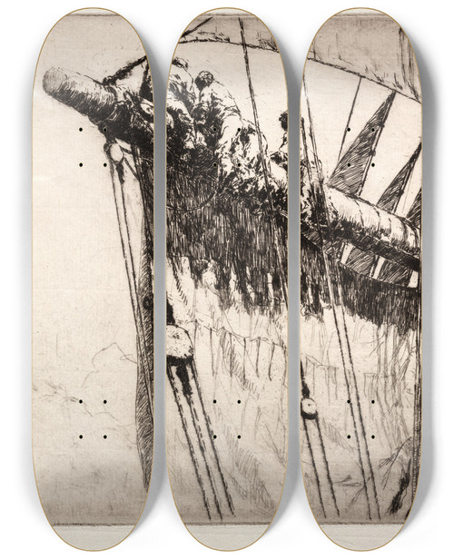 Triptych art skateboard deck of Arthur John Trevor Briscoe Bending The Foresail by Arthur John Trevor Briscoe (1873-1943)