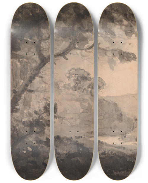 Triptych art skateboard deck of William Gilpin Landscape With Classical Building At Left by William Gilpin (1724-1804)