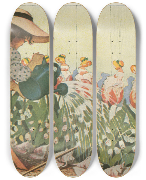 Triptych art skateboard deck of Jessie Willcox Smith Mary Mary Quite Contrary How Does Your Garden Grow by Jessie Willcox Smith (1863-1935)