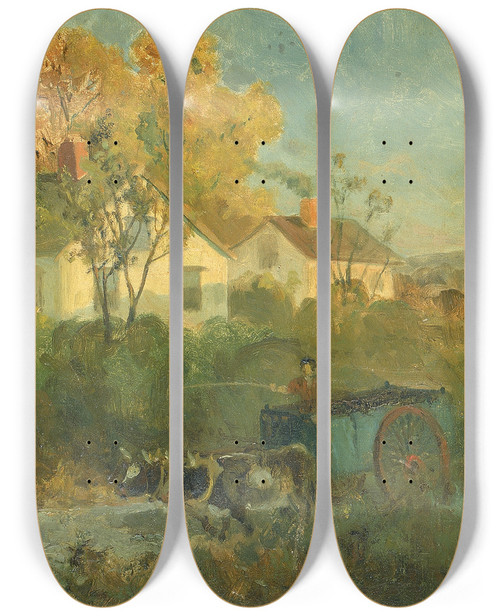 Triptych art skateboard deck of Edward Mitchell Bannister The Drinking Pool Man In Cart With Oxen At Pool by Edward Mitchell Bannister (1828-1901)