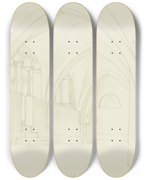Triptych art skateboard deck of Fritz Bamberger Das Kloster Santa Scolastica Bei Subiaco by Fritz Bamberger (1814-1873)
