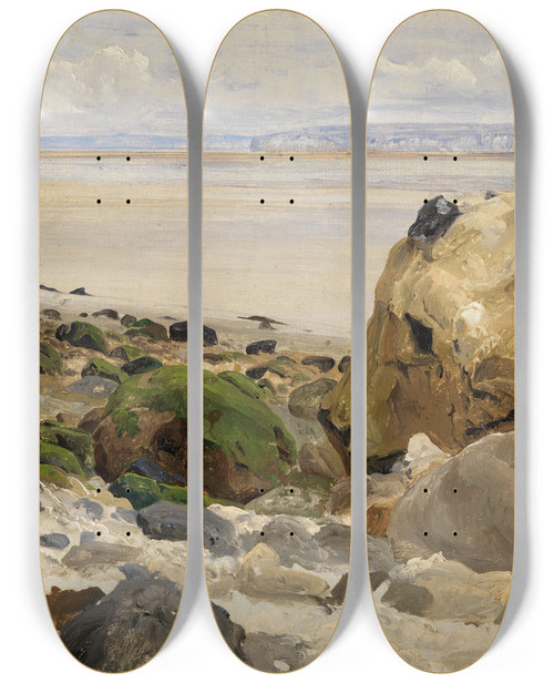 Triptych art skateboard deck of Johann Wilhelm Schirmer Steiniger Strand by Johann Wilhelm Schirmer (1807-1863)