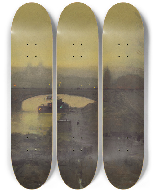 Triptych art skateboard deck of Luigi Loir The Pont Dalma At Twilight by Loir Luigi (1845-1916)