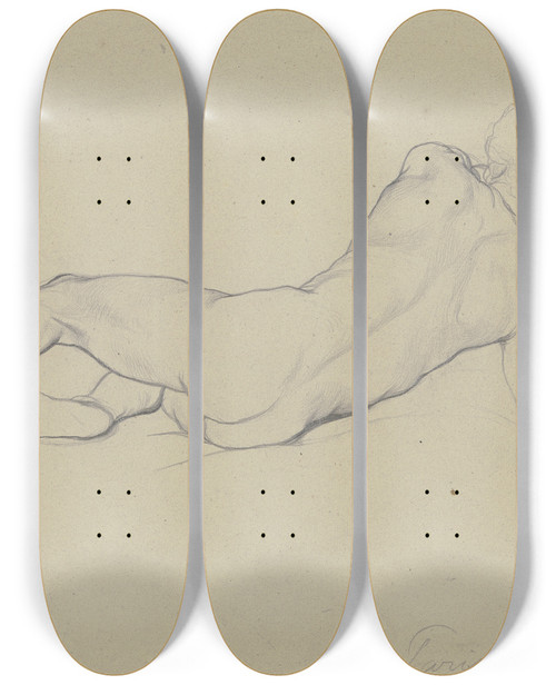 Triptych art skateboard deck of Victor Mller Liegender Mnnlicher Akt In Rckansicht Auf Den Rechten Unterarm Gesttzt by Victor Muller (1829-1871)
